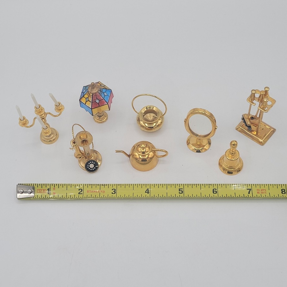 8 Brass Miniatures Mirror Tea Pot Kettle Light Phone Bell Fire Poker Doll House - Picture 3 of 15